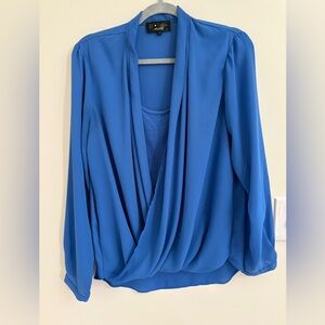 P. LUCA MILANO Royal Blue Draped Wrap Blouse Surplice Workwear Top flowy no iron